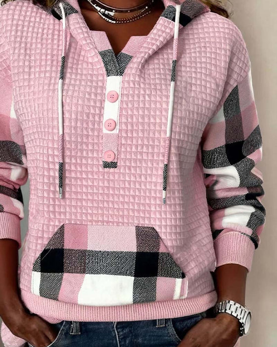 Bluza Z Kapturem Krata Patchwork Swobodny