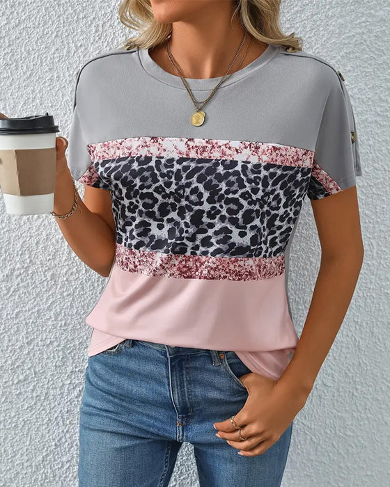 T-Shirt Okrągły Dekolt Panterka Blok Kolorów