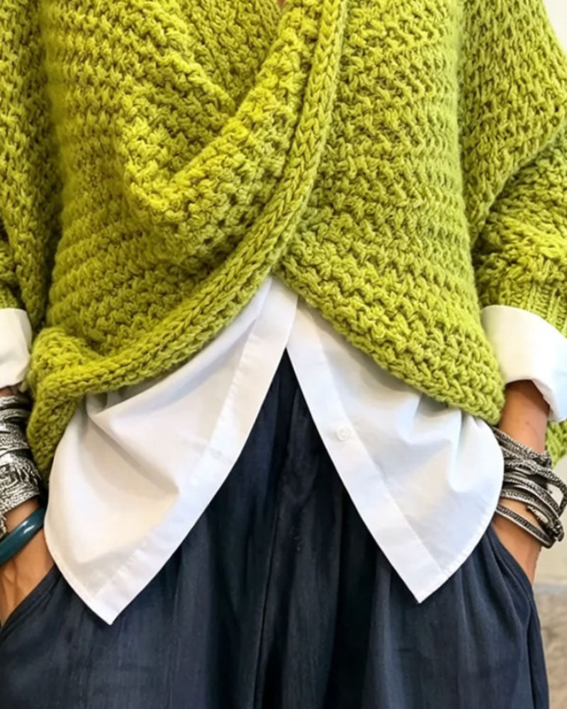 Pullover Gruby Dekolt W Twist Nieregularny Dzianinowy