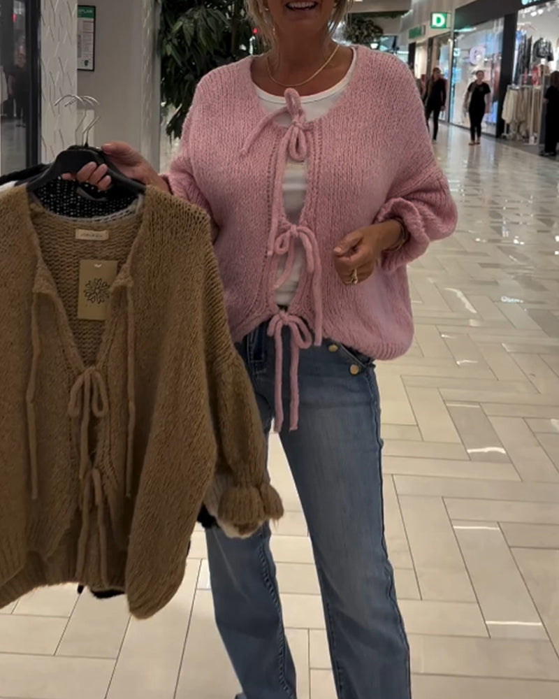 Luźny jednokolorowy kardigan ze sznurowaniem i długim rękawem