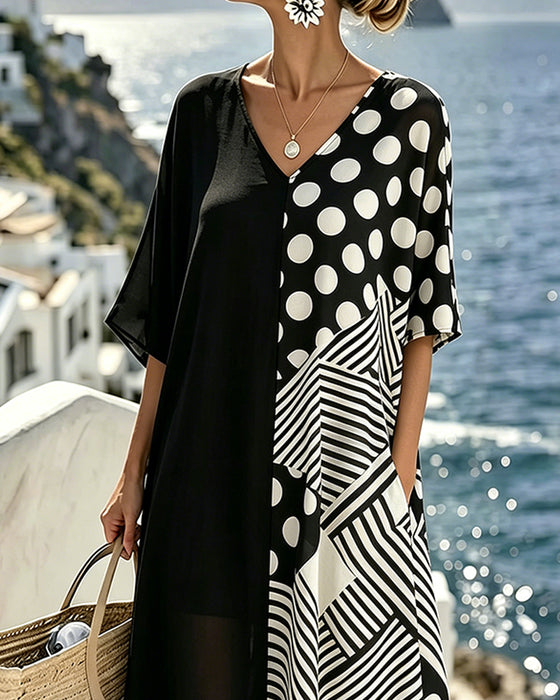 Sukienka V-Szyja Polka Dot Pasek Patchwork