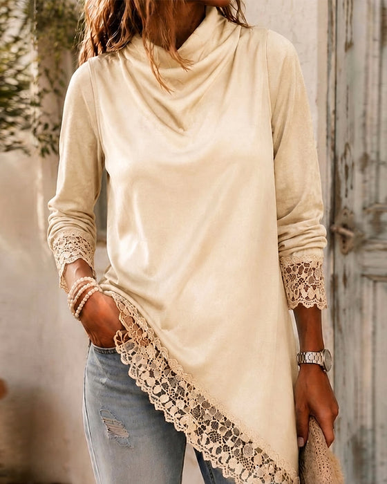 Top Mock Neck Koronka Patchwork Nieregularny