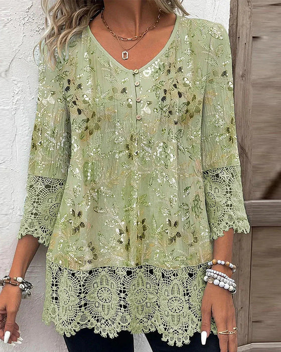 Bluzka Koronka Patchwork Kwiatowy V-Neck