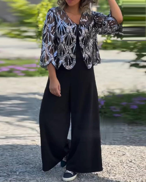 Elegancka marynarka z cekinami i falowanymi brzegami