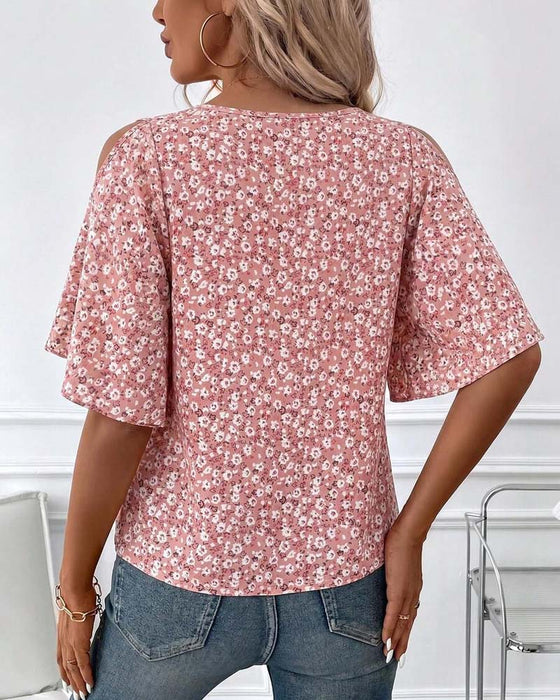 Bluzka V-Szyjka Kwiatowy Off-Shoulder Rękaw Motylkowy