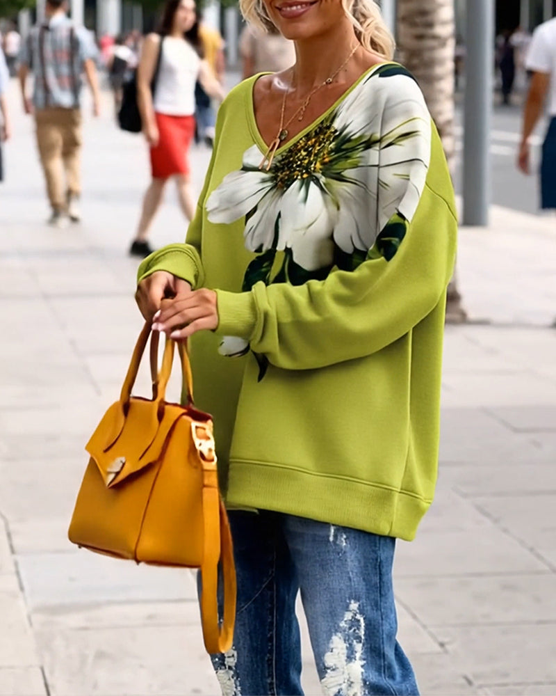 Bluza Dekolt V Luźny Krój Drukowany