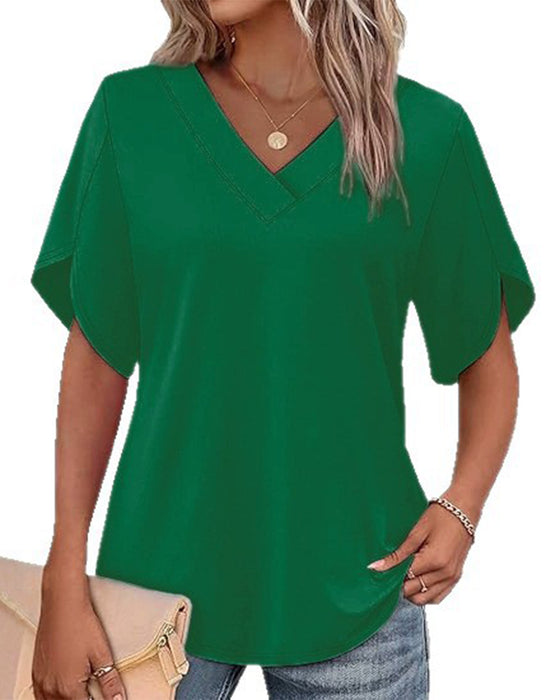 T-Shirt Dekolt W Kształcie Litery V Małe Rozcięcie Krótki Rękaw Jednokolorowy