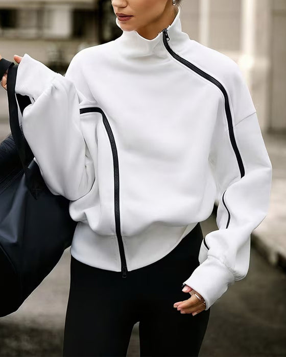 Sweatshirt Kołnierz Mock Zamek Błyskawiczny Opadające Ramiona Luźny