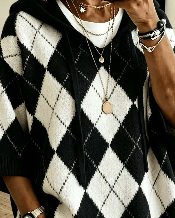Sweter Plaid Z Kapturem Rękaw Trzy-Czwarte