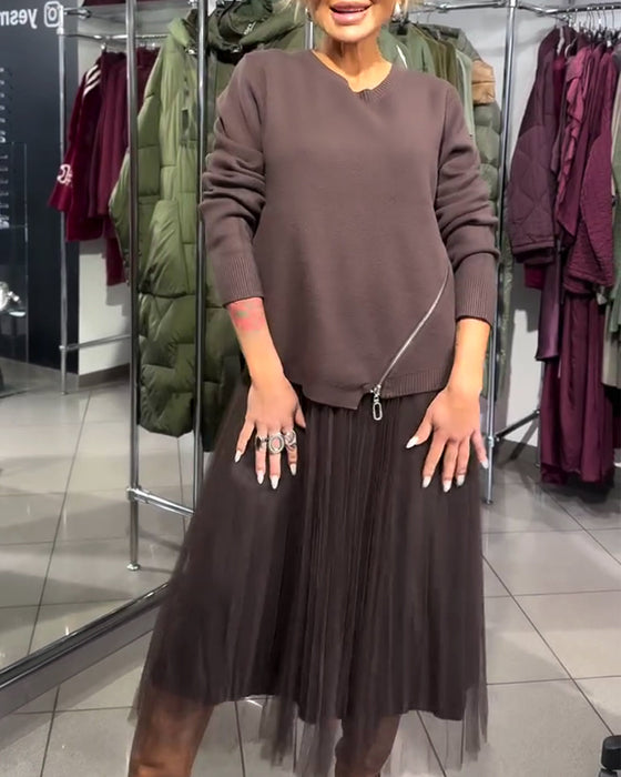 Stylowy Zestaw Z Bluzą O Okrągłym Dekolcie I Zamkiem