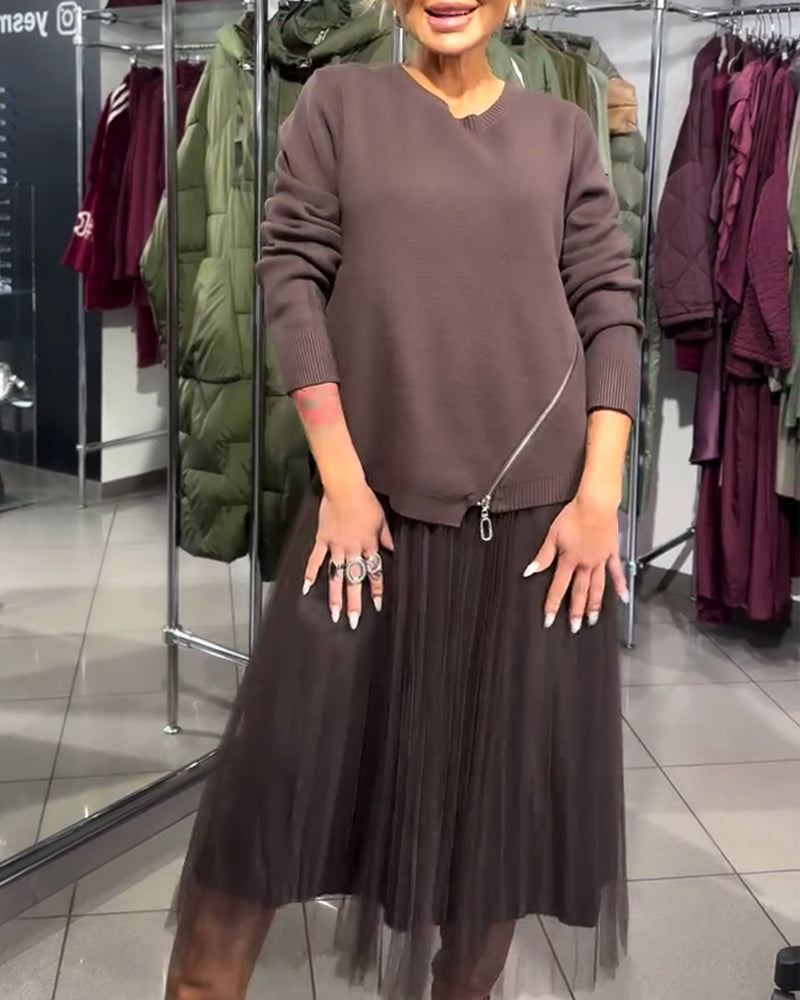 Stylowy Zestaw Z Bluzą O Okrągłym Dekolcie I Zamkiem