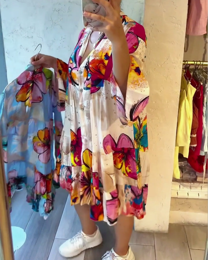 Sukienka Kolorowy Duży Kwiatowy Nadruk Krótki