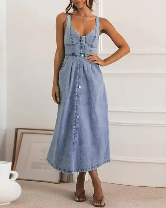 Sukienka Spaghetti Ramiączko Guzik Talia Wcięta Denim