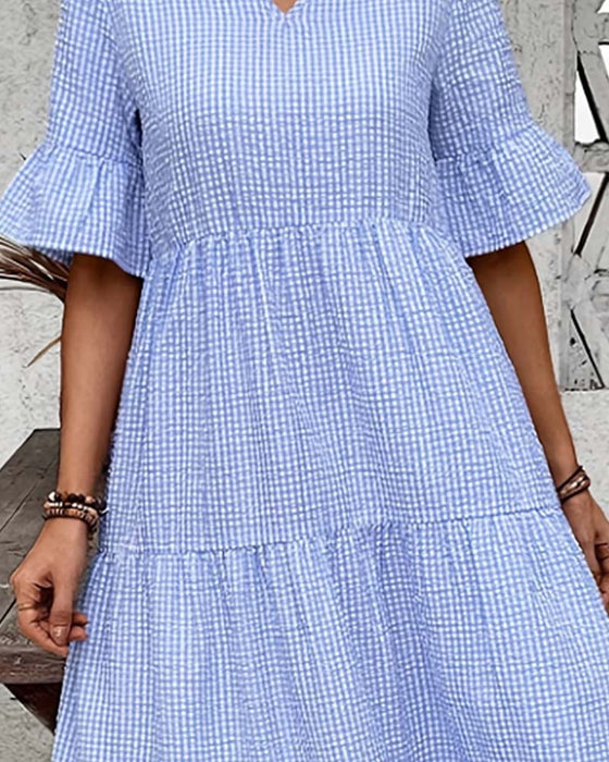 Sukienka Niebieski Biały Gingham V-Szyja