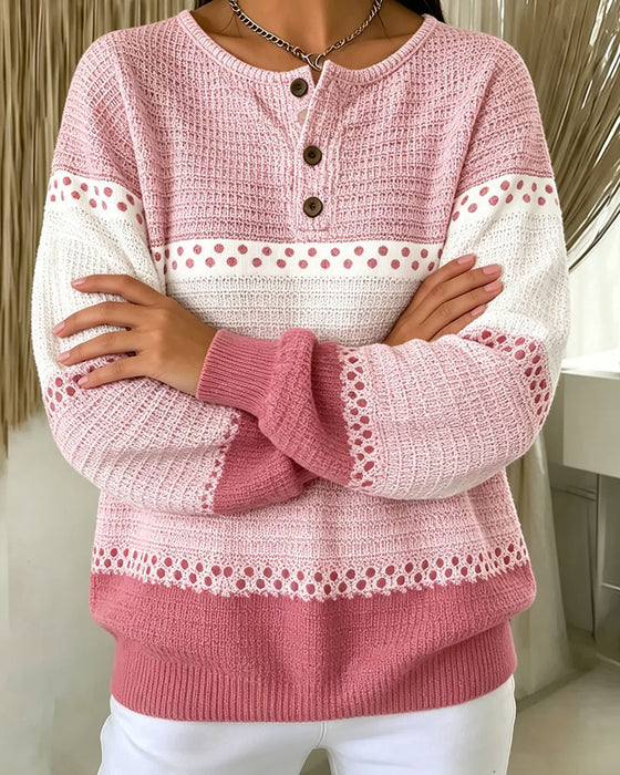 Bluza Blok Kolorów Dzianina Waflowa Henley Sweter