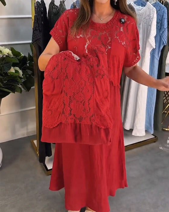 Sukienka Elegancka Koronkowe-Wykończenie Patchwork Maxi