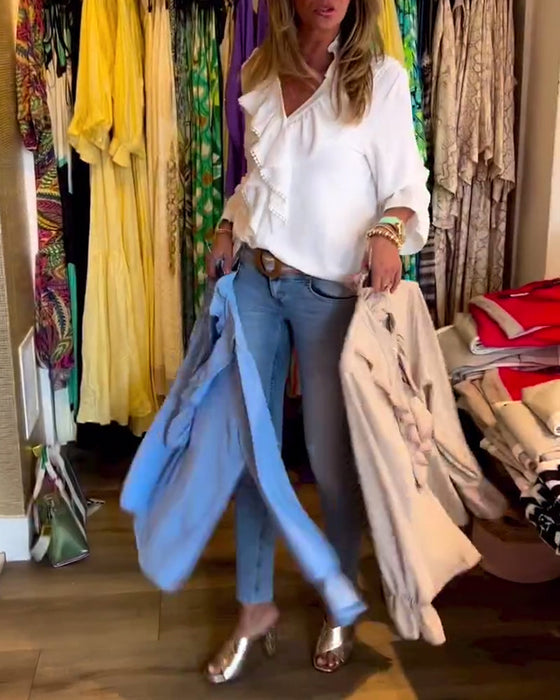 Damskie markowe bluzki z falbaną