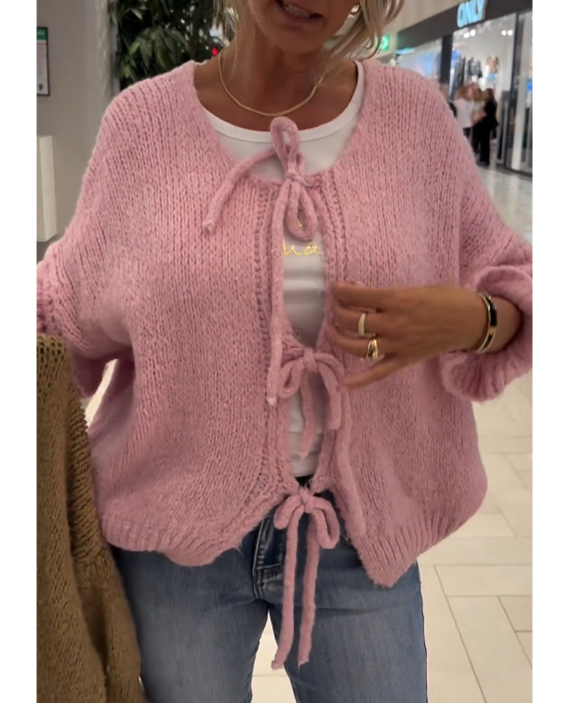 Luźny jednokolorowy kardigan ze sznurowaniem i długim rękawem