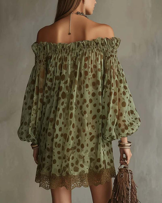 Sukienka Lampart-Wzór Off-Shoulder Koronka Patchwork