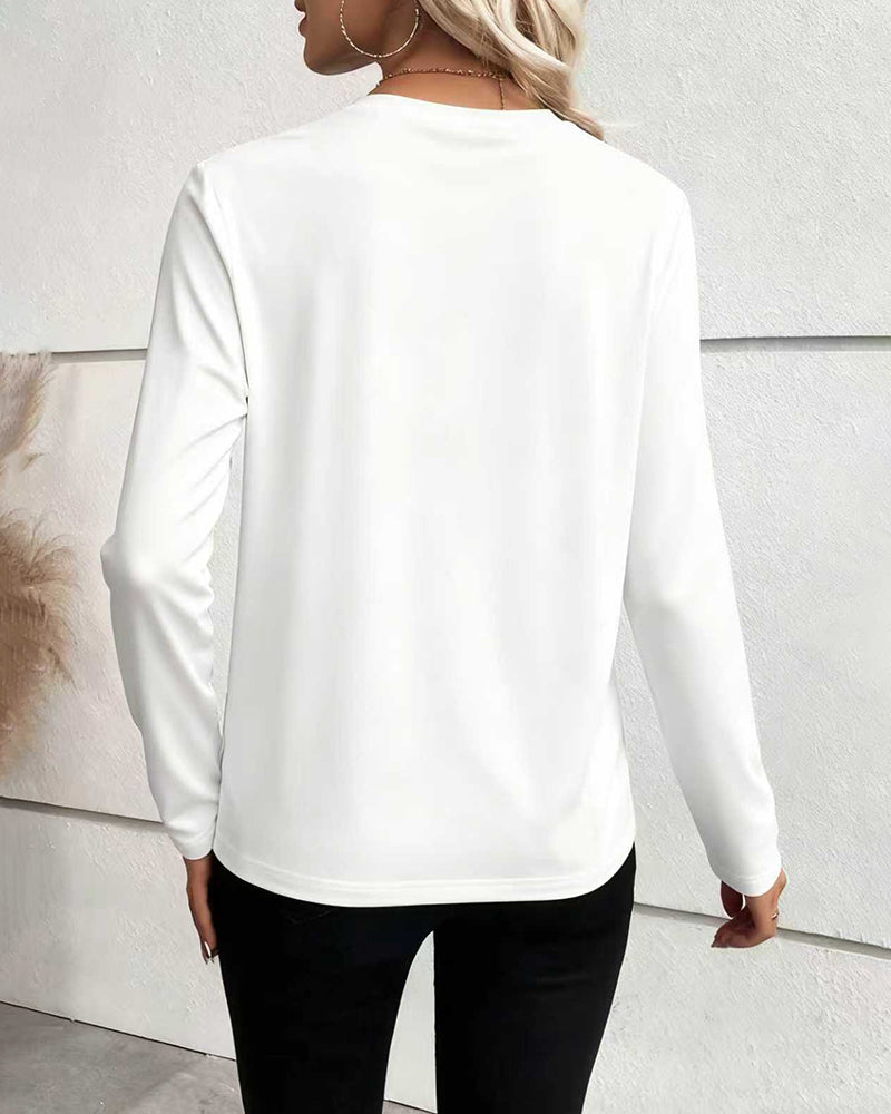 T-Shirt Nieregularny Fałszywy Guzik Długi Rękaw