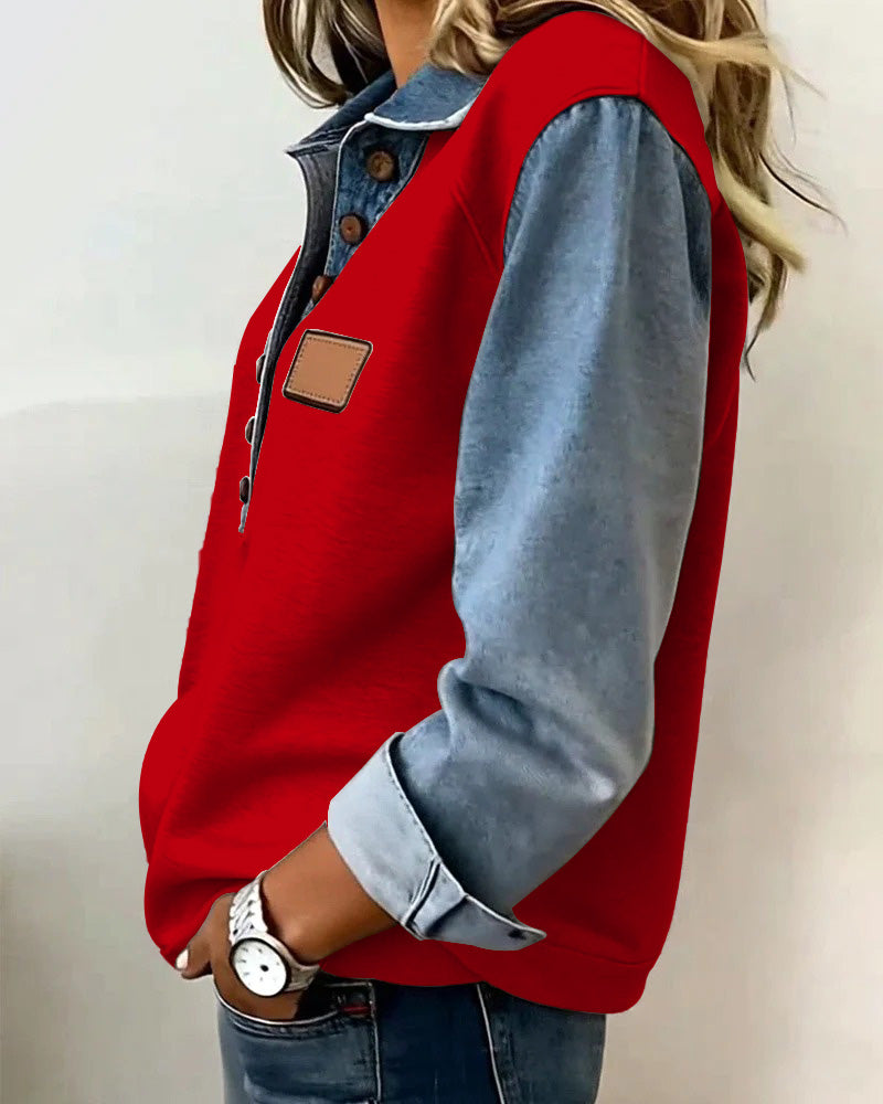 Bluza Dresowa Stylowa Dżins Patchwork Długi Rękaw