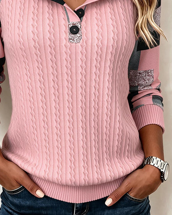Bluza Kolorowe Bloki Kołnierz Henley Długi Rękaw Zapięcie Na Guziki