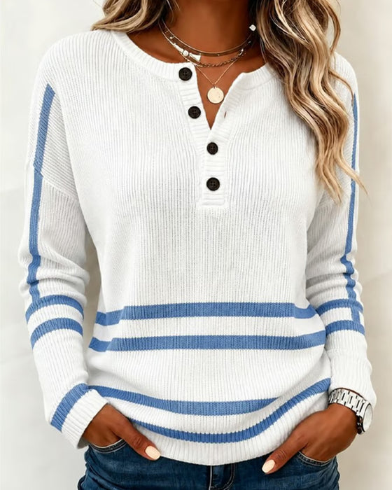 Pullover W Paski Henley Dzianinowy