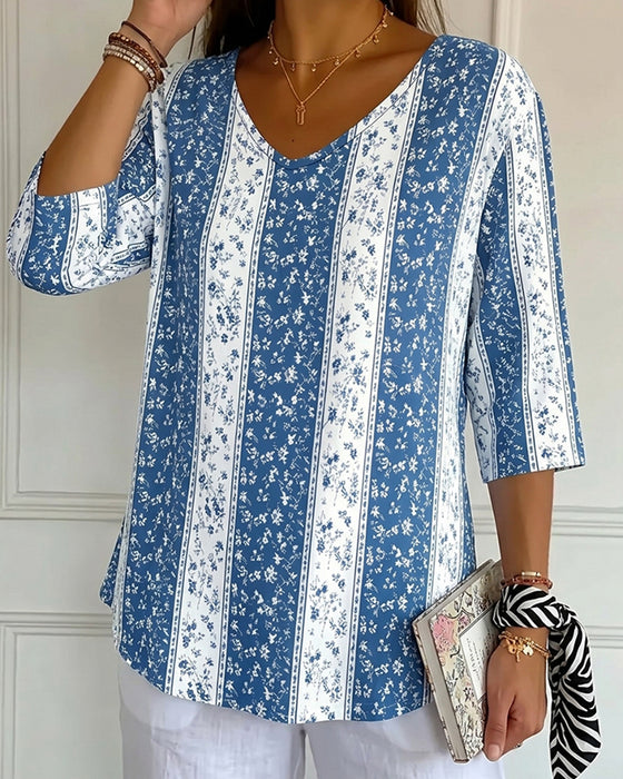 Koszulki V-Szyja Trzy Czwarte Rękawa Nadruk Casual