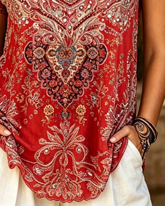 T-Shirt Boho Z Dekoltem V Drukowany Krótki Rękaw