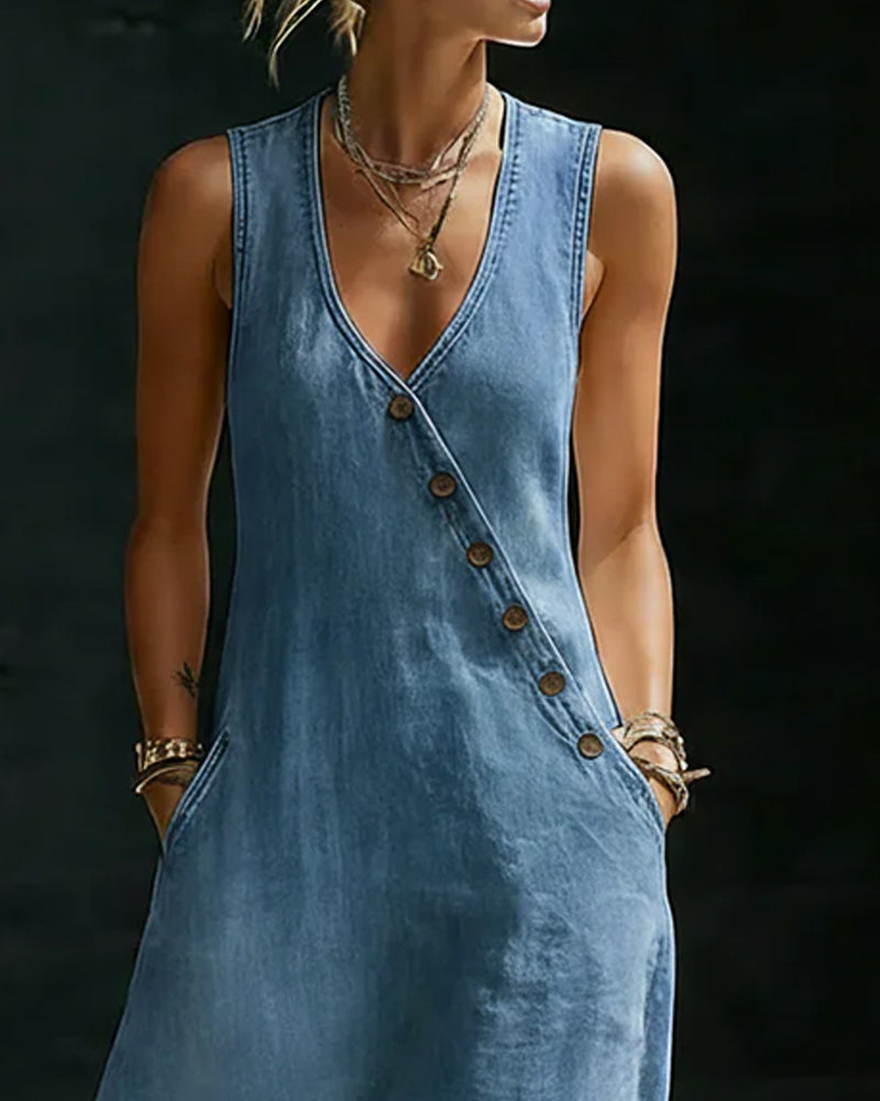 Sukienka Bez Rękawów Guzik Asymetryczny Denim