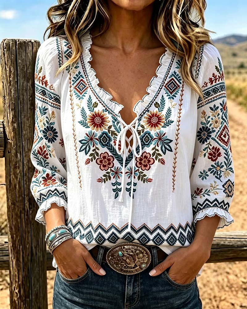 Bluzka V-Szyja Bohemian Ruffle