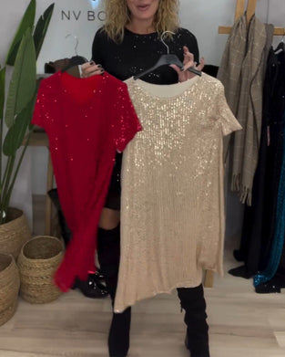 Elegancka sukienka z okrągłym dekoltem i cekinami