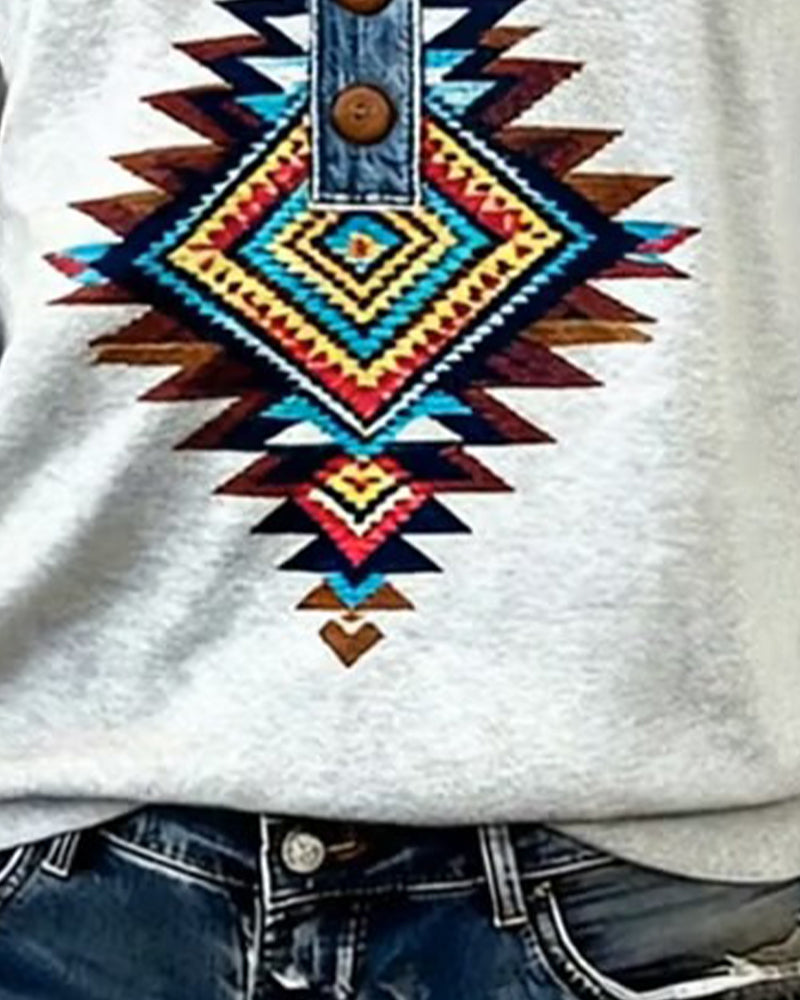 Drukowana Bluza Color-Block Z Zapięciem Na Guziki