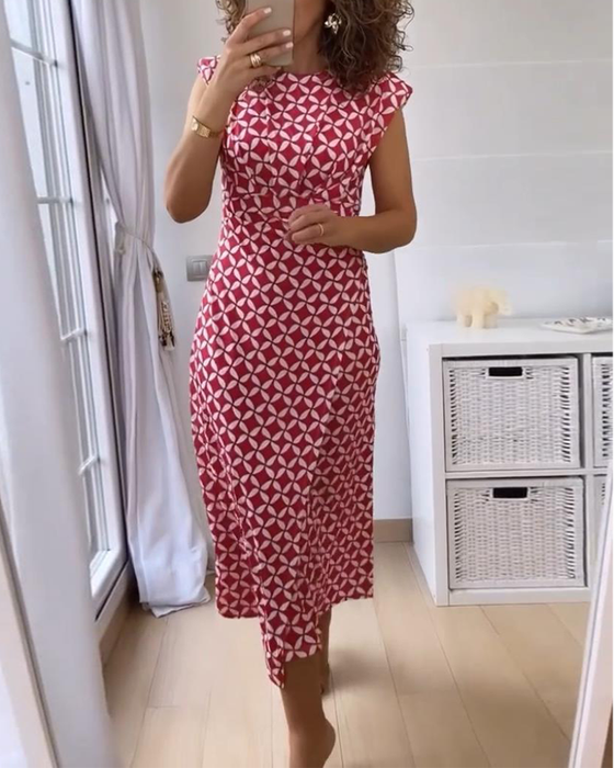 Elegancka sukienka bez rękawów z geometrycznym nadrukiem i okrągłym dekoltem