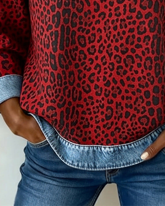 Bluza Leopardzi Print Dżins Patchwork