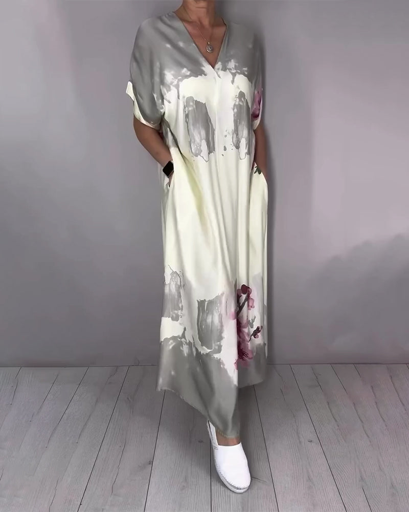 Sukienka Atrament Mycie Kwiat Brzoskwini Dekolt V Maxi