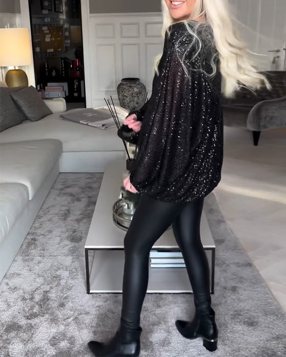 Top z cekinami i okrągłym dekoltem i rękawami typu balon