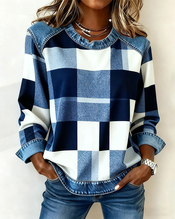 Bluza W Kraciasty Patchwork I Kontrastowym Kolorem