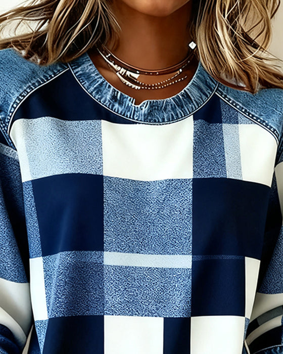 Bluza W Kraciasty Patchwork I Kontrastowym Kolorem