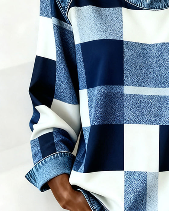 Bluza W Kraciasty Patchwork I Kontrastowym Kolorem