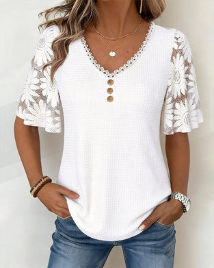 Bluzka Koronka Stokrotka Patchwork Z Dekoltem W Szyję