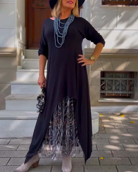 Sukienka Długi Rękaw Jednolity Kolor Nieregularny