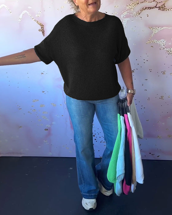 Luźny jednokolorowy swobodny sweter z okrągłym dekoltem