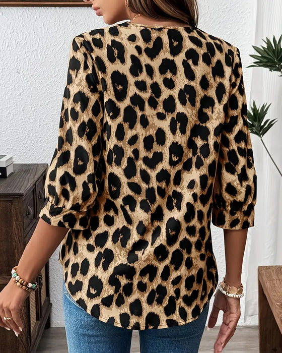 Bluzka 3/4 Rękaw Leopardzi Nadruk Luźna