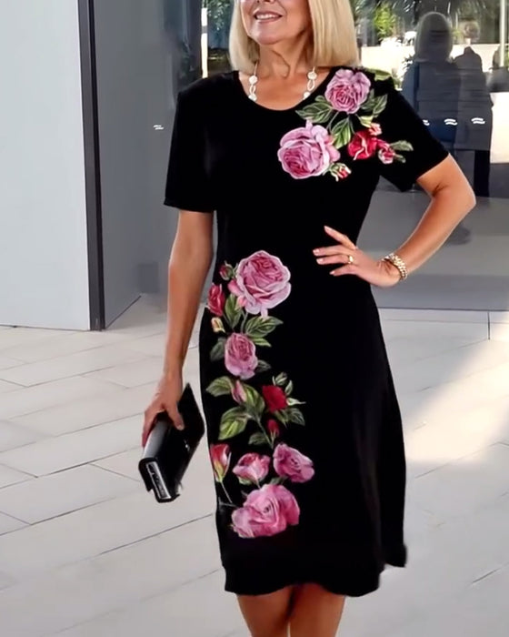 Sukienka Krótki Rękaw Różowy Print Shift