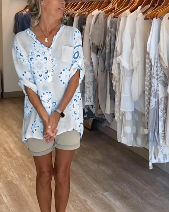 Bluzka Uniwersalna Dekolt W S Nadruk Połdługie Rękawy