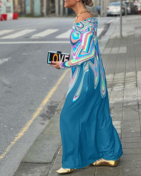 Elegancka sukienka maxi z długim rękawem i odkrytymi ramionami