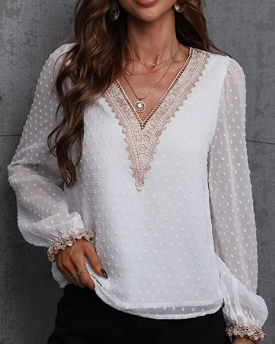 Koronkowa koszula z długim rękawem w jednolitym kolorze