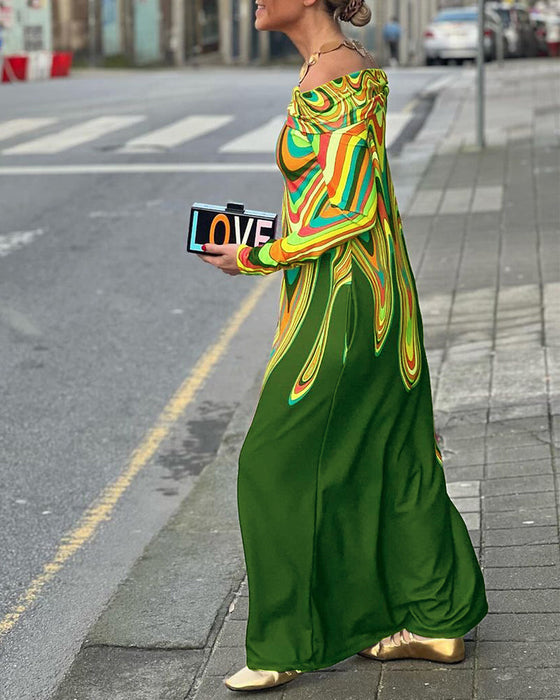 Elegancka sukienka maxi z długim rękawem i odkrytymi ramionami