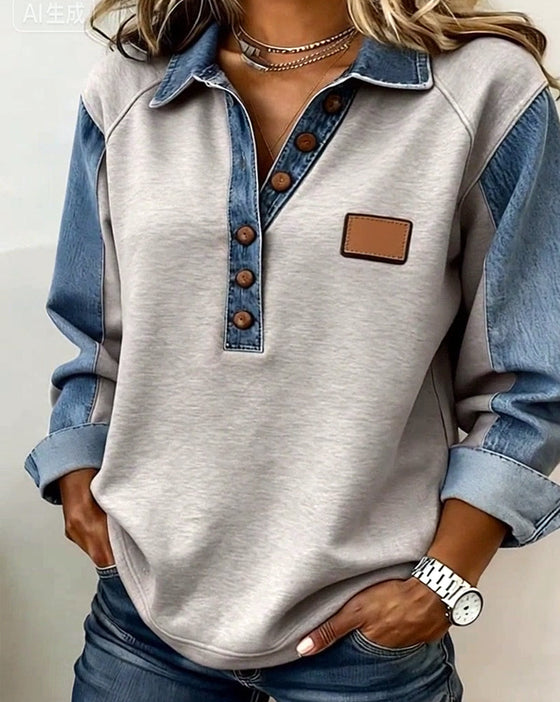 Bluza Dresowa Stylowa Dżins Patchwork Długi Rękaw